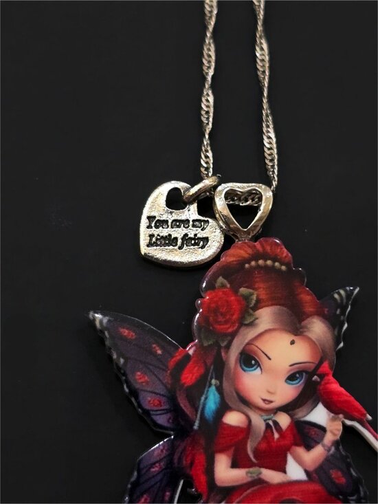 Hand Crafted ✦ Fairy Girl Acrylic Pendant Necklace ✦ Red Rose Silver Chain NWT - Picture 4 of 7